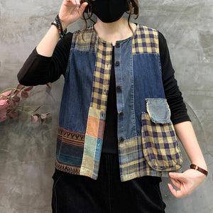 Áo khoác denim gile sát nách chắp vá caro - NU10344