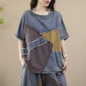 Bộ đồ gồm áo T-shirt ngắn tay và quần baggy denim kiểu chắp vá - NU8802