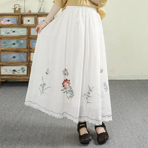 Chân váy linen lưng thun dây rút thêu hoa - V131