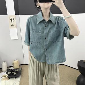 Áo sơ mi denim ngắn tay cổ thủy thủ hai túi vuông - NU8823