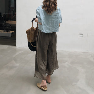 Áo sơ mi linen ngắn tay cổ đứng hai túi vuông  - NU7418