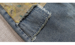 Chân váy denim lưng thun túi phối vải hoa - NU10103