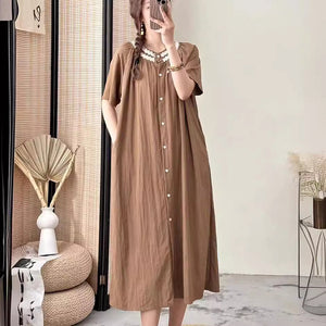 Đầm liền linen ngắn tay cổ tròn đính ren khuy cài - NU9944