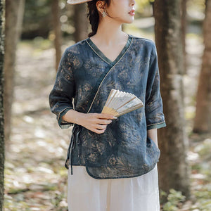 Áo sơ mi linen tay lửng cổ V vạt lệch thắt dây - NU9933