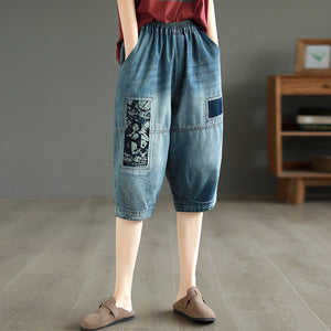 Quần baggy lửng denim lưng thun vá hình ảnh retro - NU8829
