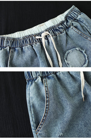 Chân váy denim lưng thun thêu cô gái và chú thỏ - NU10359