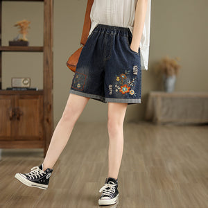 Quần sooc denim lưng thun cạp cao thêu hoa lá - Q198