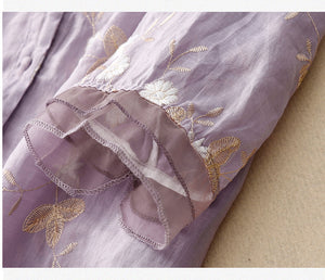 Áo sơ mi linen Organza ngắn tay cổ đứng thêu hoa lá - NU10138