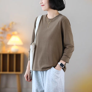 Áo T-shirt dài tay cổ tròn tròn đơn một màu - NU9132