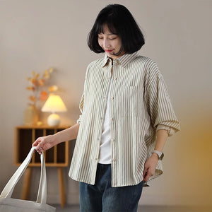 Áo sơ mi dài tay cổ đức một túi vuông kẻ sọc form rộng - NU9102
