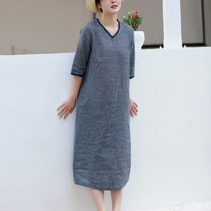 Đầm liền linen ngắn tay cổ V kẻ caro eo thắt dây - NU8786