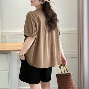 Áo sơ mi ngắn tay cổ V xếp ly đơn sắc - A909