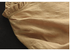 Áo sơ mi linen dài tay cổ tròn xếp ly thêu hoa văn đồng màu - NU9138