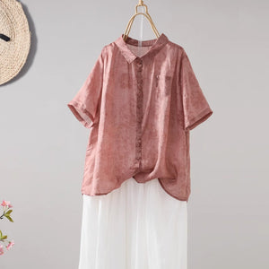 Áo sơ mi linen ngắn tay cổ pipi in hoa lá một túi nhỏ - NU8871