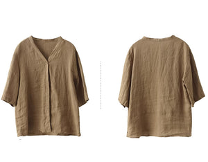 Áo sơ mi linen đơn sắc ngắn tay cổ V kiểu giấu khuy - NU8961
