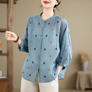 Áo sơ mi linen tay lửng cổ đứng thêu chấm sao - NU10093