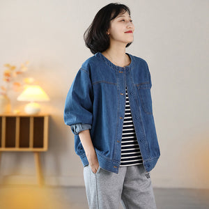 Áo khoác denim retro dài tay cổ tròn một túi vuông - NU9098