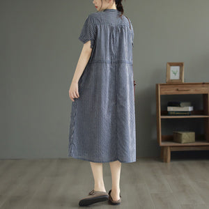 Đầm liền linen ngắn tay cổ V kẻ sọc eo kiểu thắt dây - D045