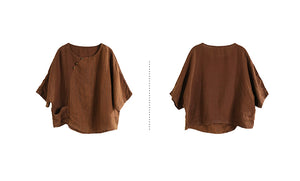 Áo T-shirt linen ngắn tay cổ tròn đính khuy túi kiểu - NU9896
