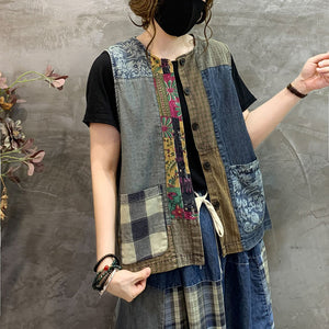 Áo khoác denim gile sát nách hoa văn retro chắp vá - NU9779
