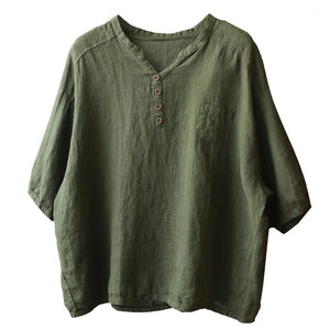 Áo T-shirt linen ngắn tay cổ V khuy cài một túi nhỏ - NU8982