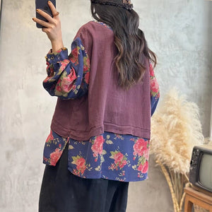 Áo sơ mi linen dài tay cổ đức kiểu hai mảnh in hoa lá - NU9273
