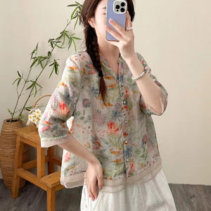 Áo sơ mi linen ngắn tay cổ V đính ren in hoa lá - NU9814