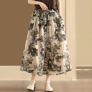 Chân váy linen retro lưng thun in hoa lá - NU10064