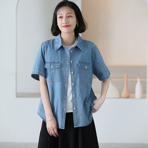 Áo sơ mi denim ngắn tay cổ đức hai túi - NU10069