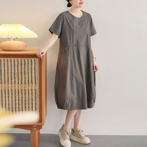Đầm liền ngắn tay cổ tròn dây rút hai túi tròn - D059