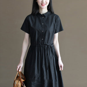 Đầm liền linen ngắn tay cổ đức chấm bi - NU10025