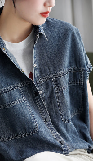 Áo khoác denim ngắn tay bo chun cổ đức - A865