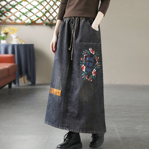 Chân váy denim lưng thun thêu vòng nguyệt quế - NU10084