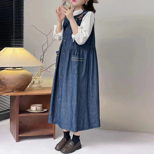 Đầm liền sơ mi denim sát nách thêu hoa lá - NU10054