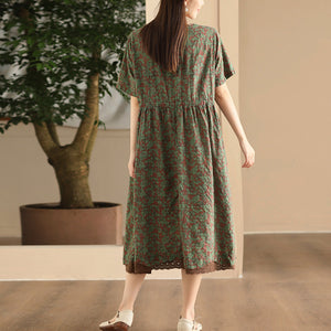 Đầm liền linen ngắn tay cổ tròn một túi ren eo cột dây - D007