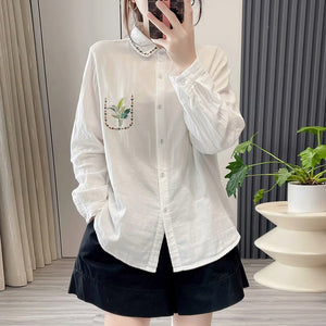 Áo sơ mi linen dài tay cổ pipi thêu hoa lá bo viền - NU9705