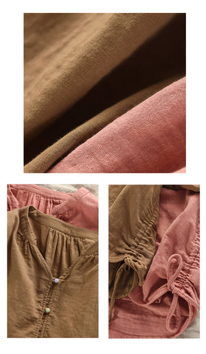 Áo sơ mi linen ngắn tay cổ đứng khuy tròn - A825