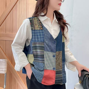 Áo khoác gile cổ V kiểu chắp vá hoa văn retro - A692