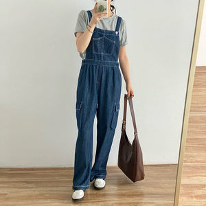 Quần baggy yếm denim chiết eo ống đứng - NU10373