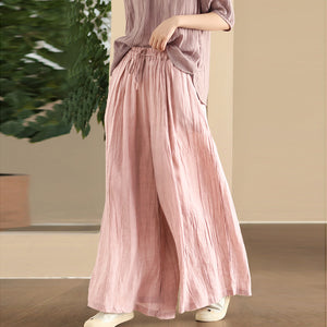 Quần baggy linen lưng cao thun in màu nước retro - Q003