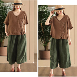 Áo sơ mi linen ngắn tay cổ V vạt lệch - NU9060