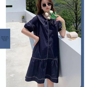 Đầm liền ngắn tay cổ thủy thủ chỉ nổi - NU10385