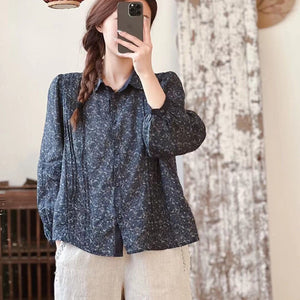 Áo sơ mi linen dài tay cổ đức in hoa lá liti kiểu xếp ly - NU9858