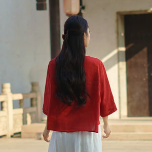 Áo sơ mi linen tay lửng cổ tròn kiểu đính ren - NU9749