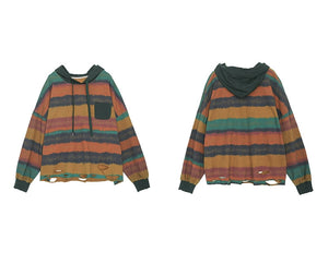 Áo hoodies dài tay kẻ sọc màu vạt kiểu rách - NU9304