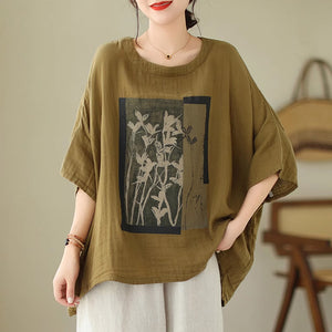 Áo T-shirt linen ngắn tay cổ tròn form rộng in hoa lá - NU8898
