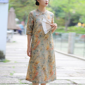 Đầm liền linen ngắn tay cổ tàu in hoa lá liti - NU10510