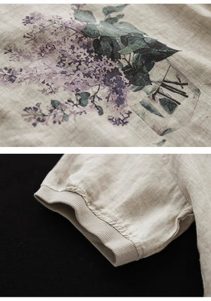 Áo T-shirt linen ngắn tay cổ tròn in mai xanh - NU10092