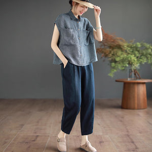 Quần baggy linen lưng thun hai túi chéo khuy cài - NU9065