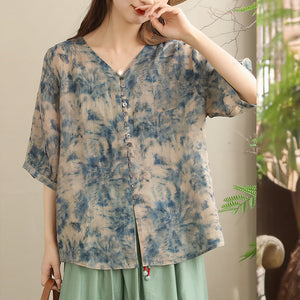 Áo sơ mi linen ngắn tay cổ V in màu nước một túi - NU10245